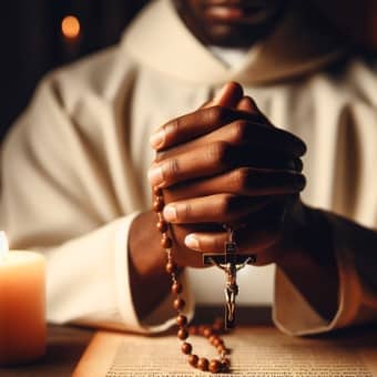 Praying the Act of Contrition while holding a Rosary in folded hands