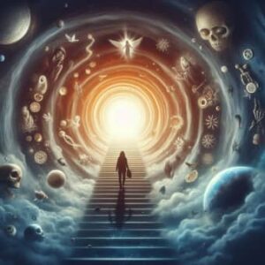 Life After Death, a deceased person walking up a long flight of stairs to Heaven
