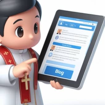 Cartoon of a Catholic priest pointing to his blog on his tablet computer