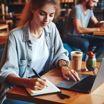 woman blogging in a coffee shop