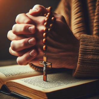 Person praying holding a wooden rosary