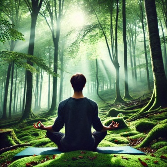 person meditating in a peaceful forest