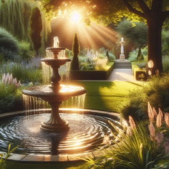 A gentle water fountain with sunlight reflecting off the water