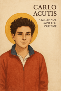 Artistic digital painting of Saint Carlo Acutis with a gentle halo and peaceful expression.