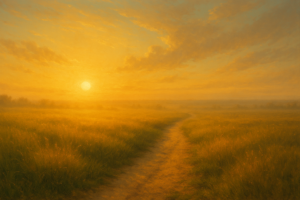 An open field path with early morning sunlight.